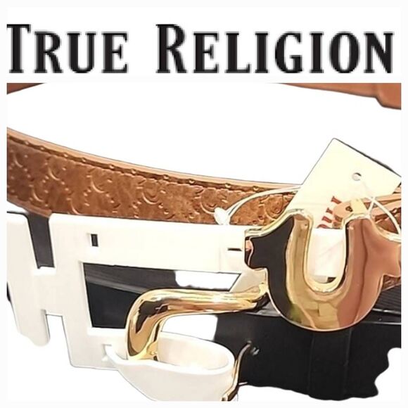 True Religion Horseshoe Embossed Logo & Buckle 2PK Belt